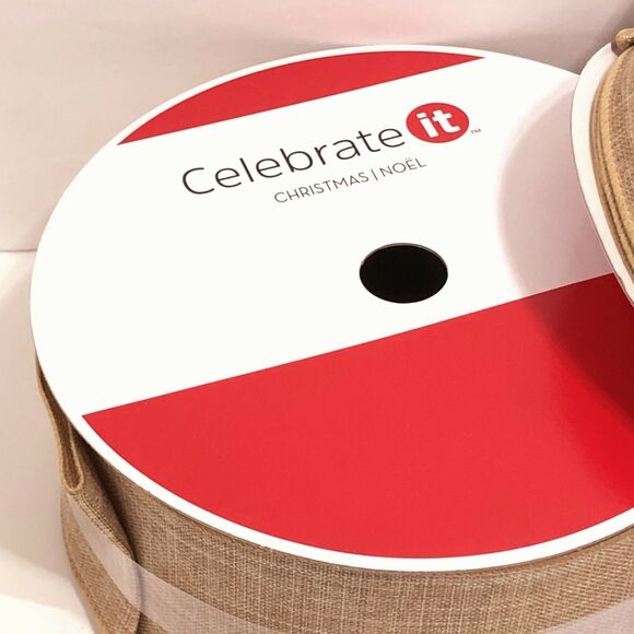 Celebrate It Wired Ribbon Christmas Wreath Tan Faux Linen Jumbo 2.5 in × 75 ft - Picture 5 of 6
